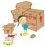 Illustration of a girl packing boxes. (Illustrator: Linden Elstran, Six Sisters Design)