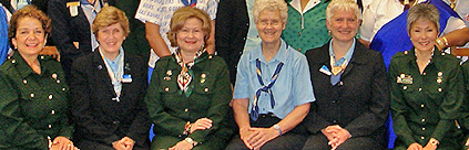 Photo of Norma Barquet, Executive Vice President, Mission to Market, GSUSA, Mary Lynn Myers, Deputy Chair of the World Board, Kathy Cloninger, CEO, GSUSA, Elspeth Henderson, Chairperson, WAGGGS, Mary McPhail, Chief Executive, WAGGGS, Debra Nakatomi, International Commissioner, GSUSA.