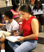Photo of Girl Scouts sitting on steps writing in journal. &copy; GSUSA. All rights reserved. (Photographer: Quad Photo/Karineh Gurjian-Angelo/Dedjora Von Jutaz)