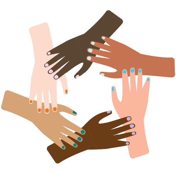 illustration of six hands of different skin tones arranged in a circle